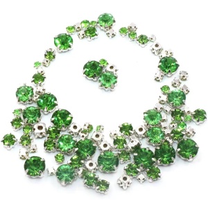 Glass sewing stones with metal backing, Open Green, 100 pieces, Silver Base