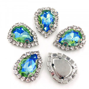 Glass Stitching Crystals, Green AB, 14mm, Silver Base