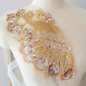 Golden Peacock Beads Applique