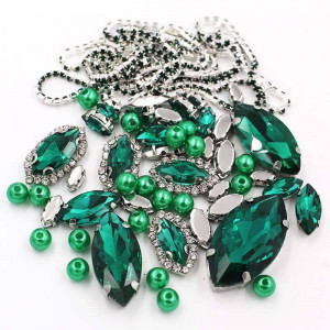 Set Cristale, Lant Strasuri si Perle, Verde Imperial, Baza Argintiu, (50 bucati/set)