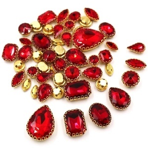 Sewing Crystals Set, Red, Gold Base, (50 pieces/set)