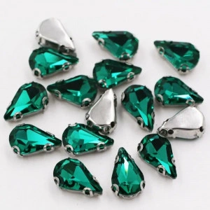 Stitching Crystals Glass Lacrima, Emerald, 13MM, Silver Base