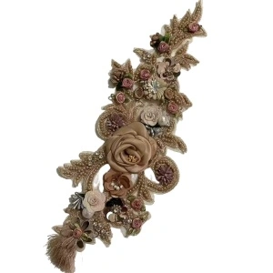 Embroidered 3D Flowers and Pearls appliqué, 36x13 cm - Img 2