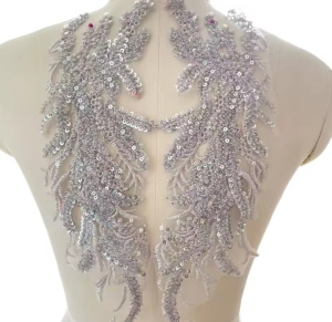 Embroidered Beads appliqué, Silver, 36 x 12 cm ( 2 pieces/set)