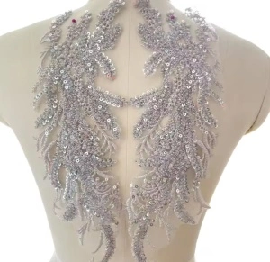 Embroidered Beads appliqué, Silver, 36 x 12 cm ( 2 pieces/set)