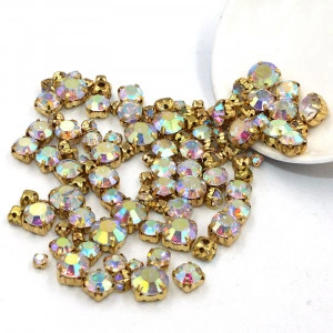 Glass sewing stones with metal backing, Cristal AB, 100 pieces, Gold Base - Img 2