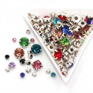 Glass sewing stones with metal backing, Mix Colours, Silver Base - Img 3