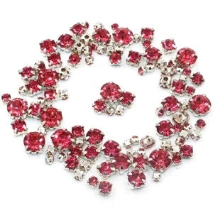 Glass sewing stones with metal backing, Pink, 100 pieces, Silver base