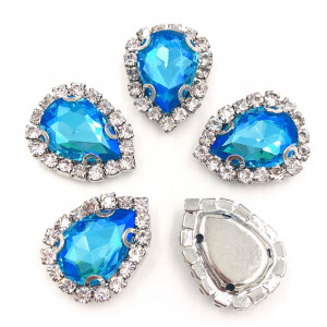 Glass Stitching Crystals, Blue AB, 14mm, Silver Base