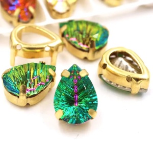 Glass Stitching Crystals, Green K9, 14MM, Gold Base (2 pcs/set)