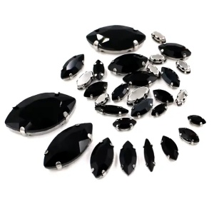 Leaf Sewing Crystals Set, Black, Silver Base, (20 pieces/set)