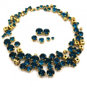 Pietre de cusut sticla cu suport metalic, Peacock Blue,100 bucati, Baza Auriu