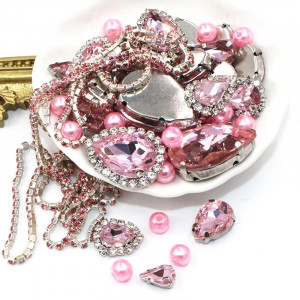 Set of Crystals, Strass and Pearl Chain, Pink, Silver Base, (50 pieces/set) - Img 3