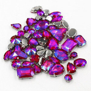 Sewing Crystals Set, Fuchsia AB, Silver Base, (50 pcs/set) - Img 1