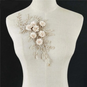 Embroidered 3D Flower Appliqués, Beige ( 2 pieces/set) - Img 1