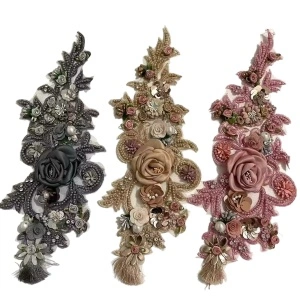 Embroidered 3D Flowers and Pearls appliqué, 36x13 cm