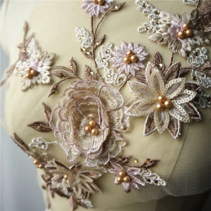 Embroidered appliqué 3D Flowers Beige, 23 x 37 cm - Img 3