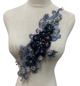 Embroidered Applique with 3D Flowers and Crystals, Navy Blue