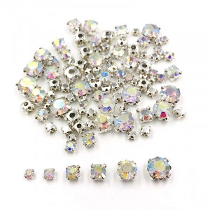 Glass sewing stones with metal backing, Cristal AB, 100 pieces, Silver base - Img 2