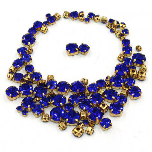 Glass sewing stones with metal backing, Imperial Blue, 100 pieces, Gold Base