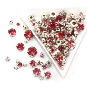 Glass sewing stones with metal backing, Pink, 100 pieces, Silver base - Img 2