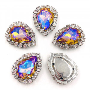 Glass Stitching Crystals, Gold AB, 14mm, Silver Base