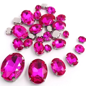 Oval Sewing Crystals Set, Fuchsia, Silver Base, (20 pieces/set)