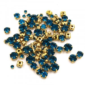 Pietre de cusut sticla cu suport metalic, Peacock Blue,100 bucati, Baza Auriu - Img 2