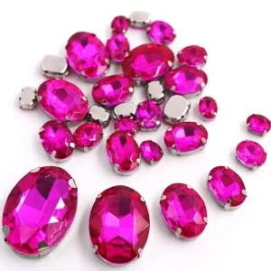 Set Cristale de Cusut Ovale, Fucsia, Baza Argintiu, (20 bucati/set)