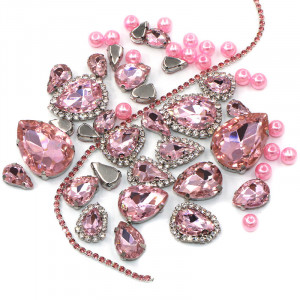 Set of Crystals, Strass and Pearl Chain, Pink, Silver Base, (50 pieces/set)