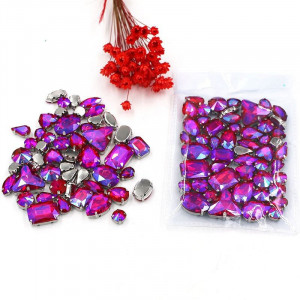Sewing Crystals Set, Fuchsia AB, Silver Base, (50 pcs/set) - Img 2