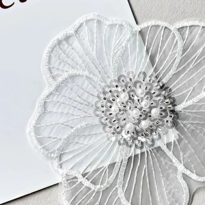 White flower embroidered with beads, 13 x 12 cm - Img 2