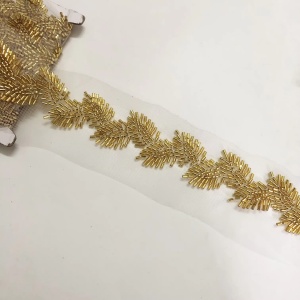 Banda Pasmanterie Frunze din Margele, Auriu, 4.2 cm - Img 2