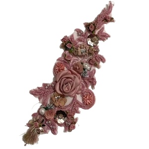 Embroidered 3D Flowers and Pearls appliqué, 36x13 cm - Img 3