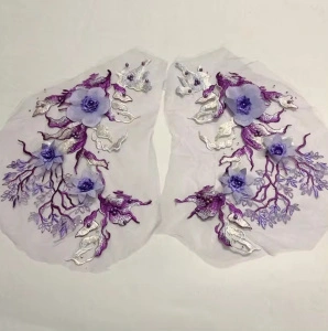 Embroidered appliqué 3D Flowers, Purple, 38 x 23 cm - Img 2