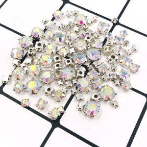 Glass sewing stones with metal backing, Cristal AB, 100 pieces, Silver base