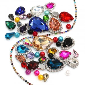 Set Cristale, Lant Strasuri si Perle, Multicolore, Baza Argintiu, (50 bucati/set)