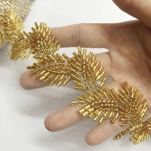Beaded Leaves Pasmanterie Band, Golden, 4.2 cm - Img 3
