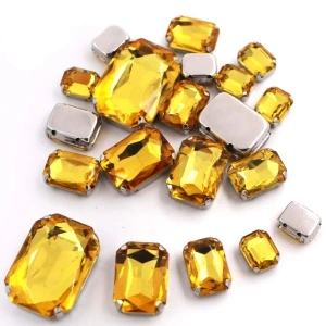 Set of Rectangular Sewing Crystals, Topaz Yellow, Silver Base, (20 pieces/set)