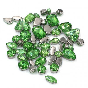 Sewing Crystals Set, Light Green, Silver Base, (50 pieces/set)