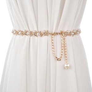 Adjustable Waist Belt with Pearls, Gold