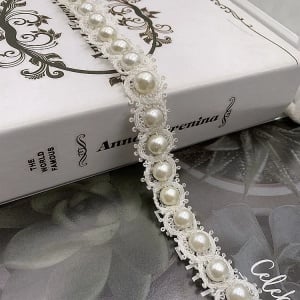Banda Pasmanterie Impletita cu Perle, Ivory, 1.5 cm
