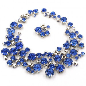 Glass sewing stones with metal backing, Blue, 100 pieces, Silver base