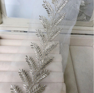 Tulle Lacing Tape with Silver Beads Leafs