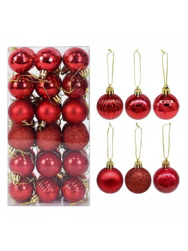 Set 36 globuri de craciun, in 6 modele, diametru 6cm, Rosii