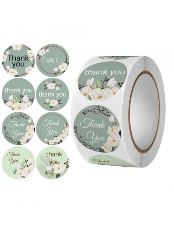 Set 500 de bucati, autocolante Thank You, model sacura, diametru 25 mm, verde
