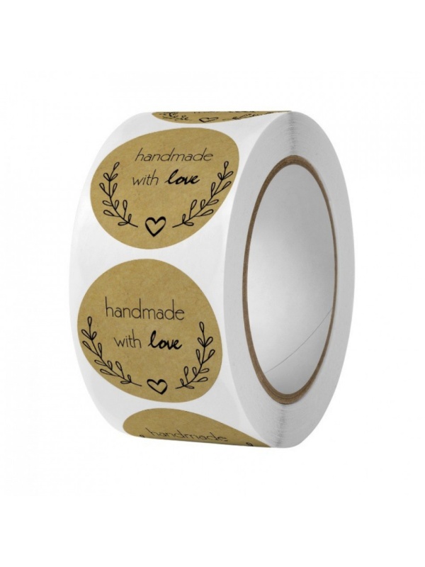 Set 500 de bucati, autocolante Hand Made with Love, diametru 25 mm, Crem