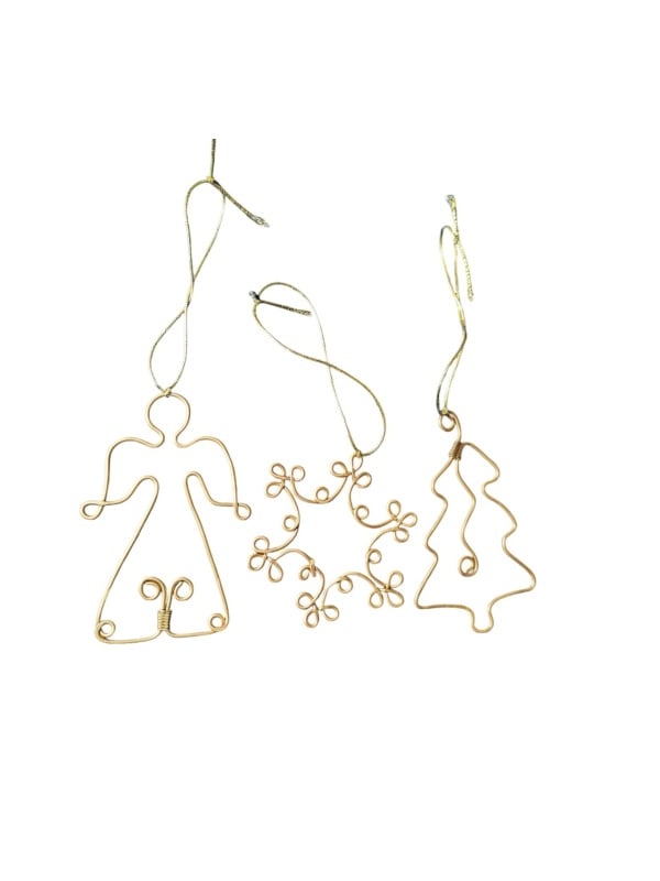 Set 3 Ornamente de Craciun, lucrate manual din fir de cupru, vopsite Auriu