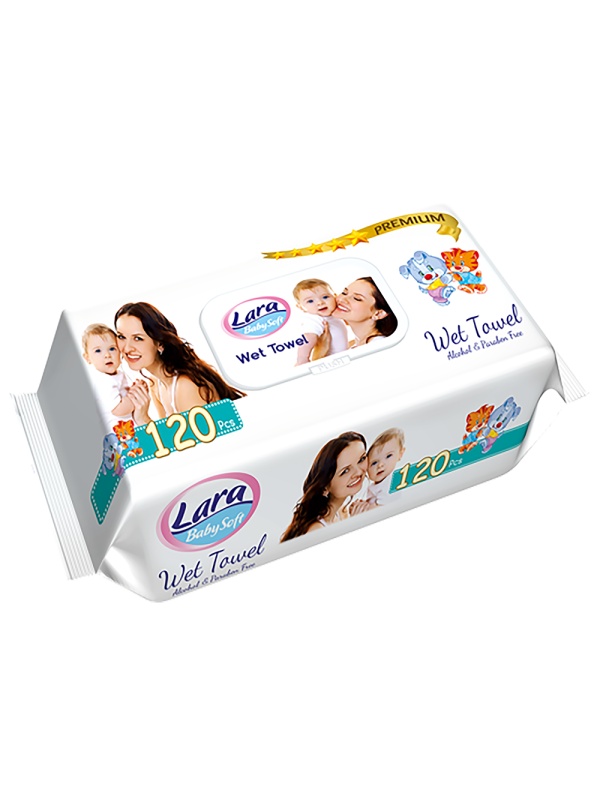 Set 120 bucati, Servetele umede Lara Soft, cutie cu capac din plastic