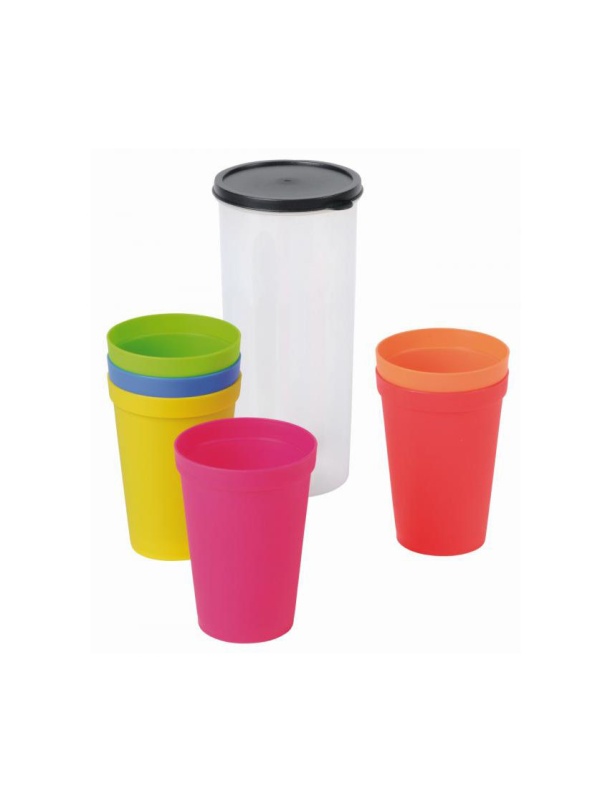 Set 6 pahare din plastic, in tub gradat cu capac, pentru picnic si camping, Multicolor